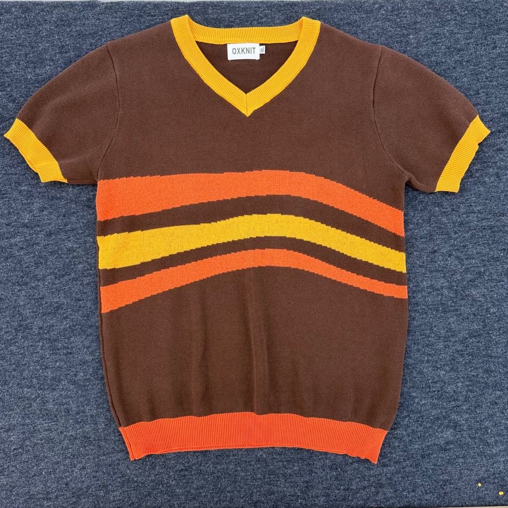 OXKNIT Short Sleeve Sweater Mens XL Brown Orange Stripe Retro Excellent